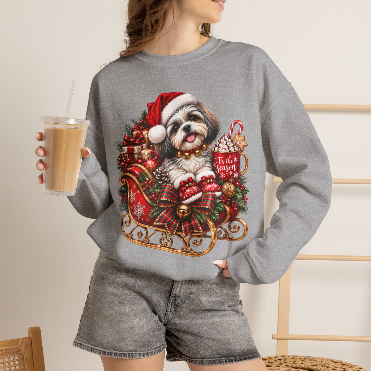 Christmas Shih Tzu in Santa Sleigh Sweatshirt