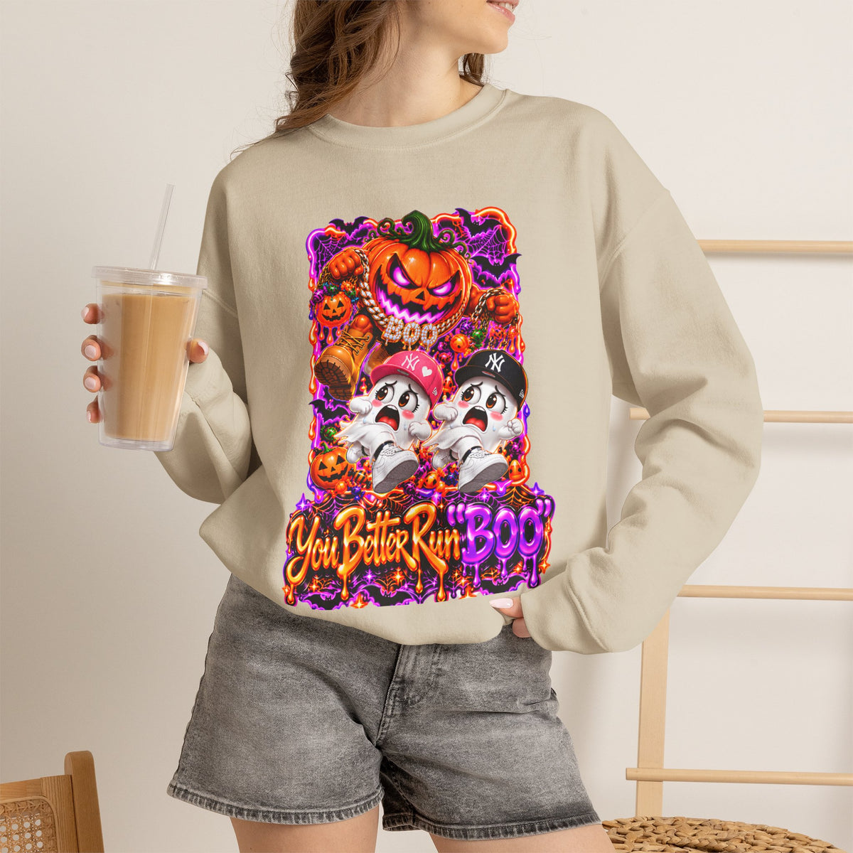 Spooky Pumpkin Design "You Better Run Boo" -Unisex Crewneck Sweatshirt