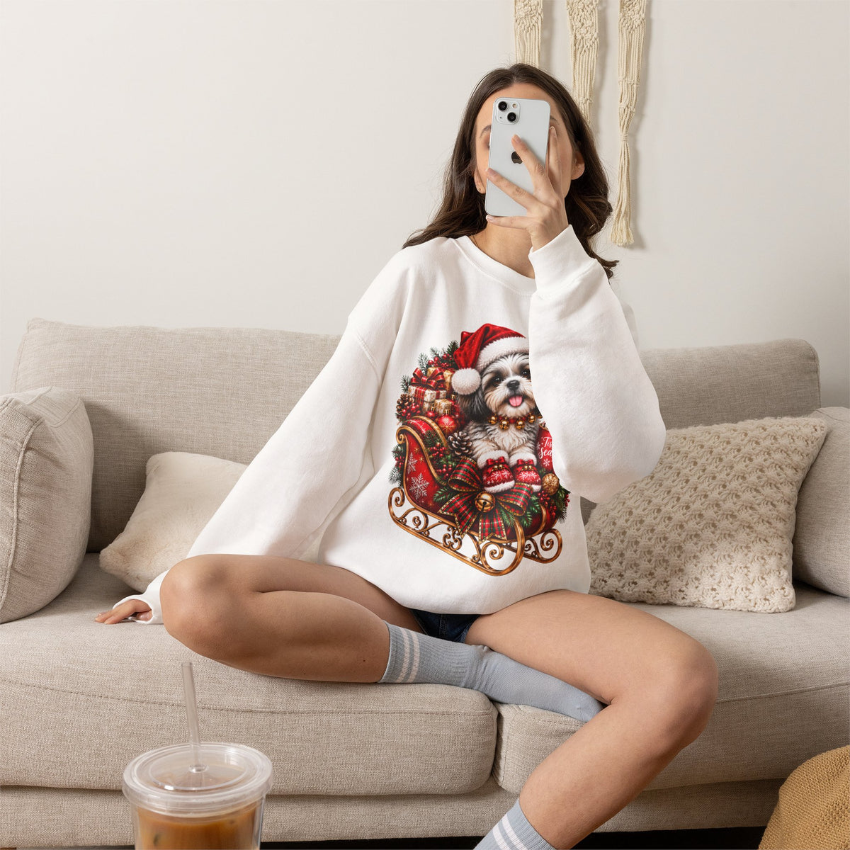 Christmas Shih Tzu in Santa Sleigh Sweatshirt