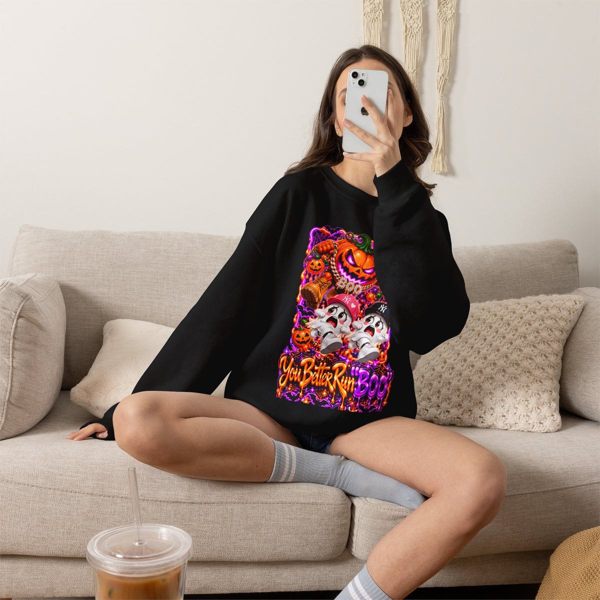 Spooky Pumpkin Design "You Better Run Boo" -Unisex Crewneck Sweatshirt