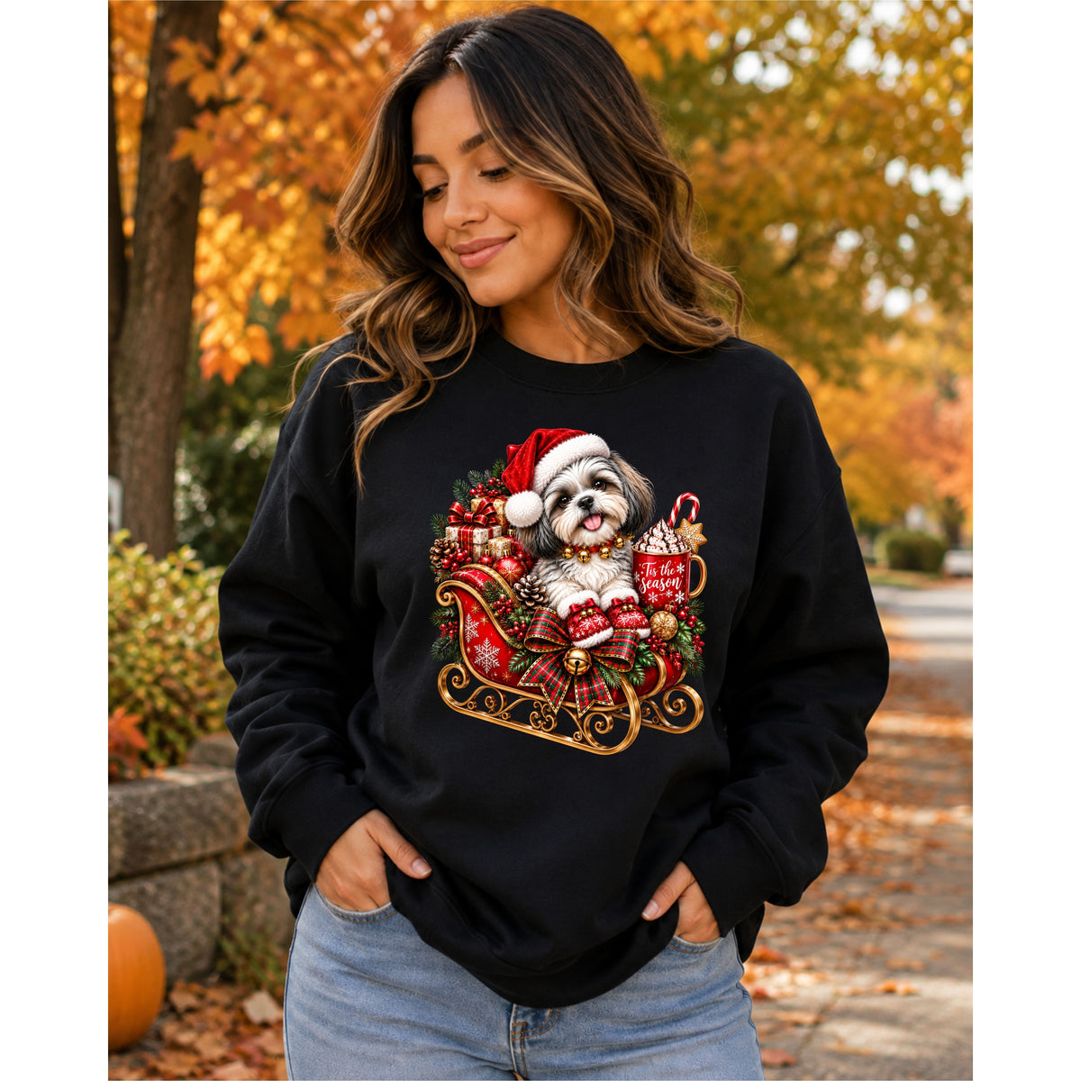 Christmas Shih Tzu in Santa Sleigh Sweatshirt