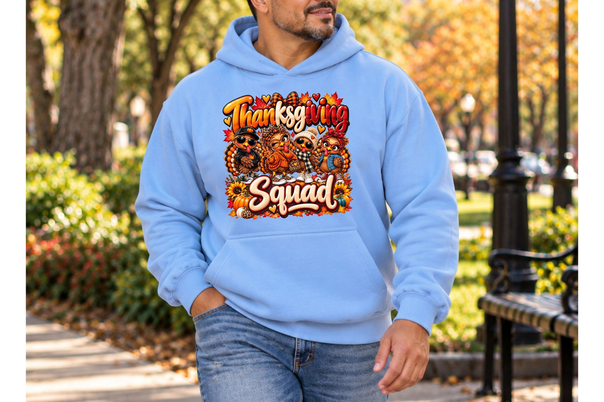 Thanksgivings Squad Hoodie — Cozy Fall Turkey & Autumn Leaves Sweatshirt