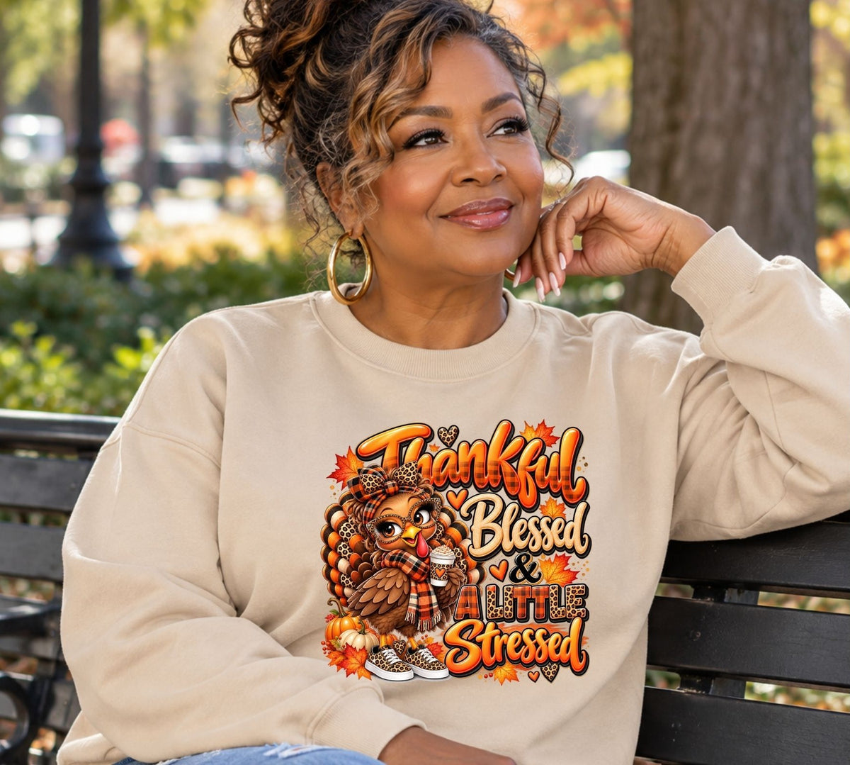 Thanksgiving Crewneck Sweatshirt - Thankful Blessed & Turkey Stressed