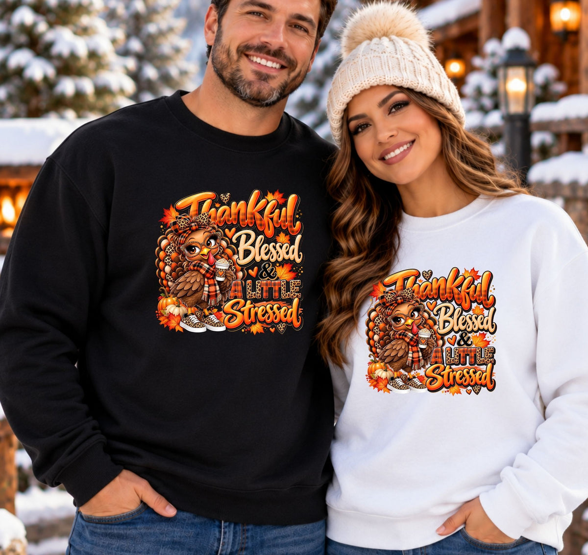 Thanksgiving Crewneck Sweatshirt - Thankful Blessed & Turkey Stressed