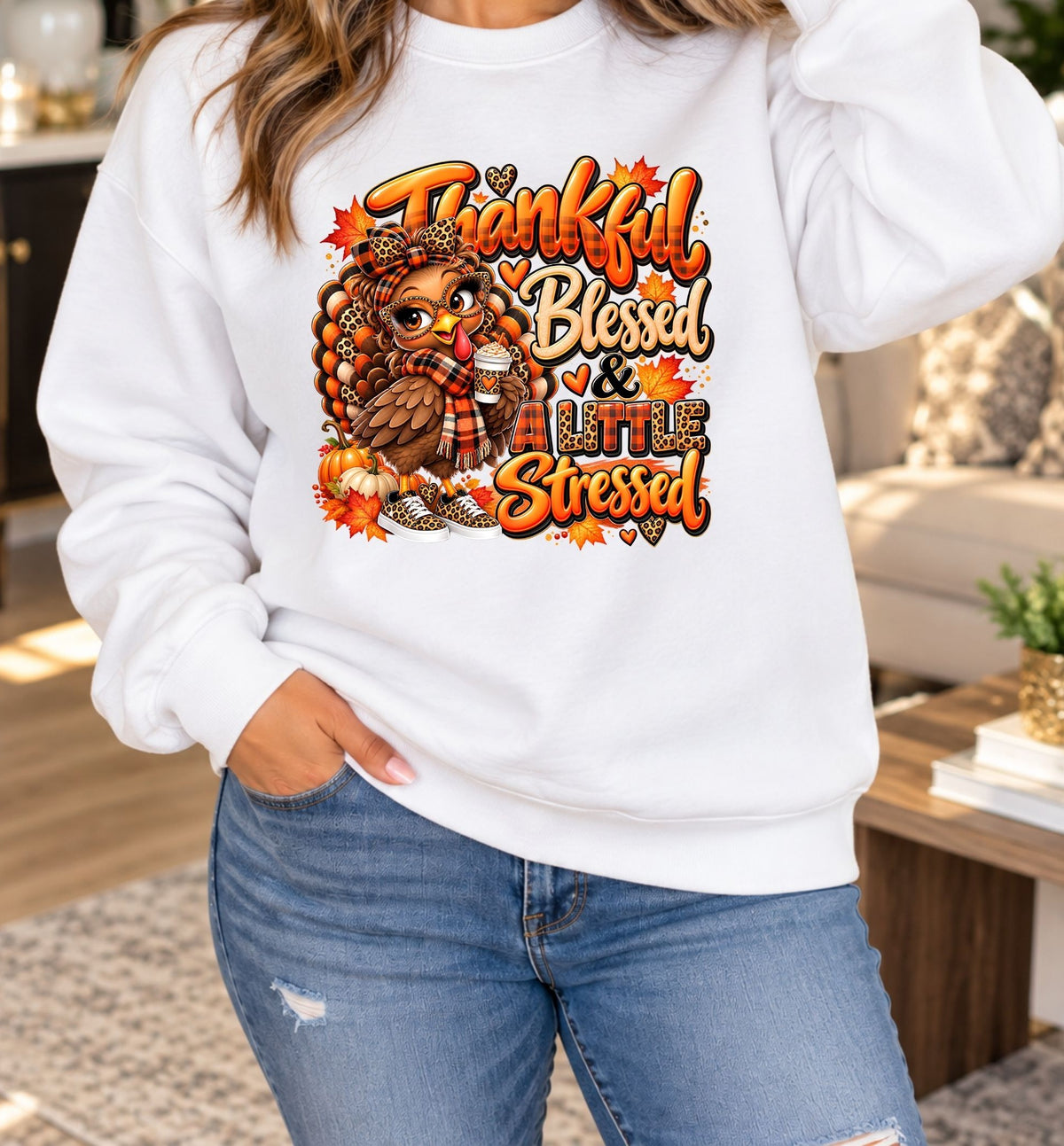 Thanksgiving Crewneck Sweatshirt - Thankful Blessed & Turkey Stressed