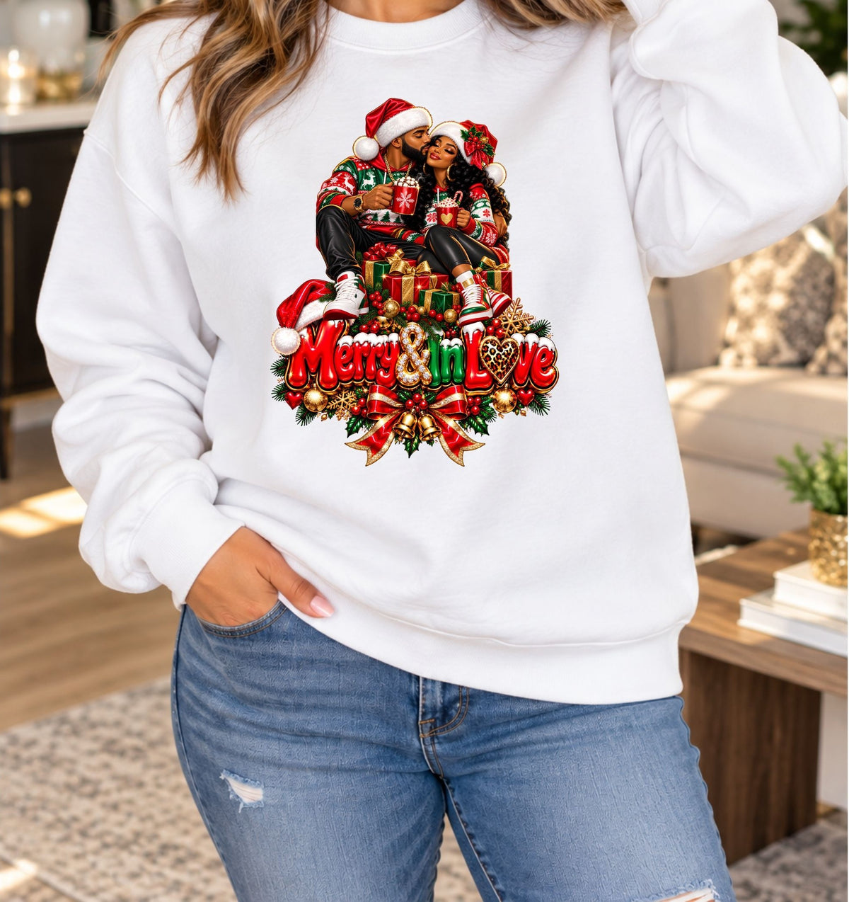 Merry & In Love Christmas Couple Sweatshirt Design
