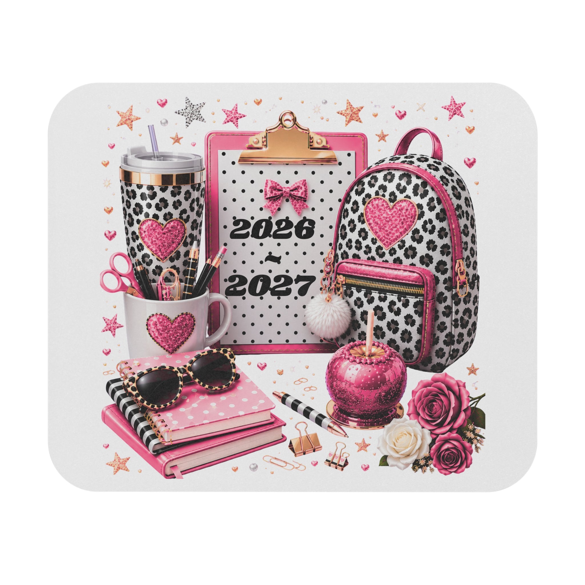 Pink Leopard School Supplies Mouse Pad — 2026-2027 Planner Desk Mat