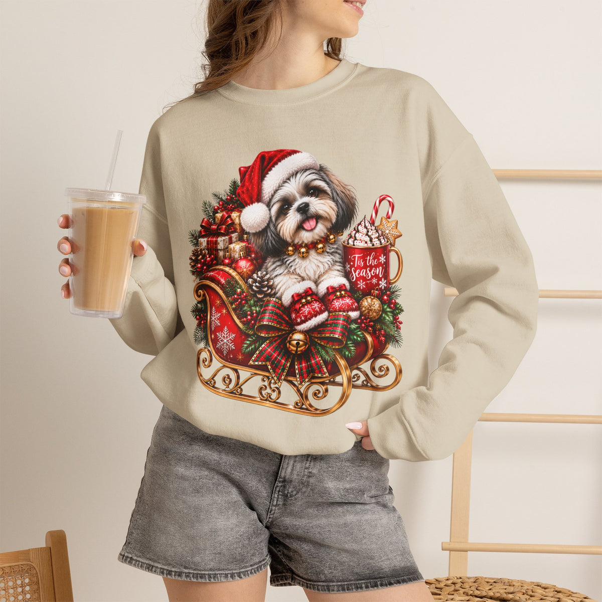 Christmas Shih Tzu in Santa Sleigh Sweatshirt
