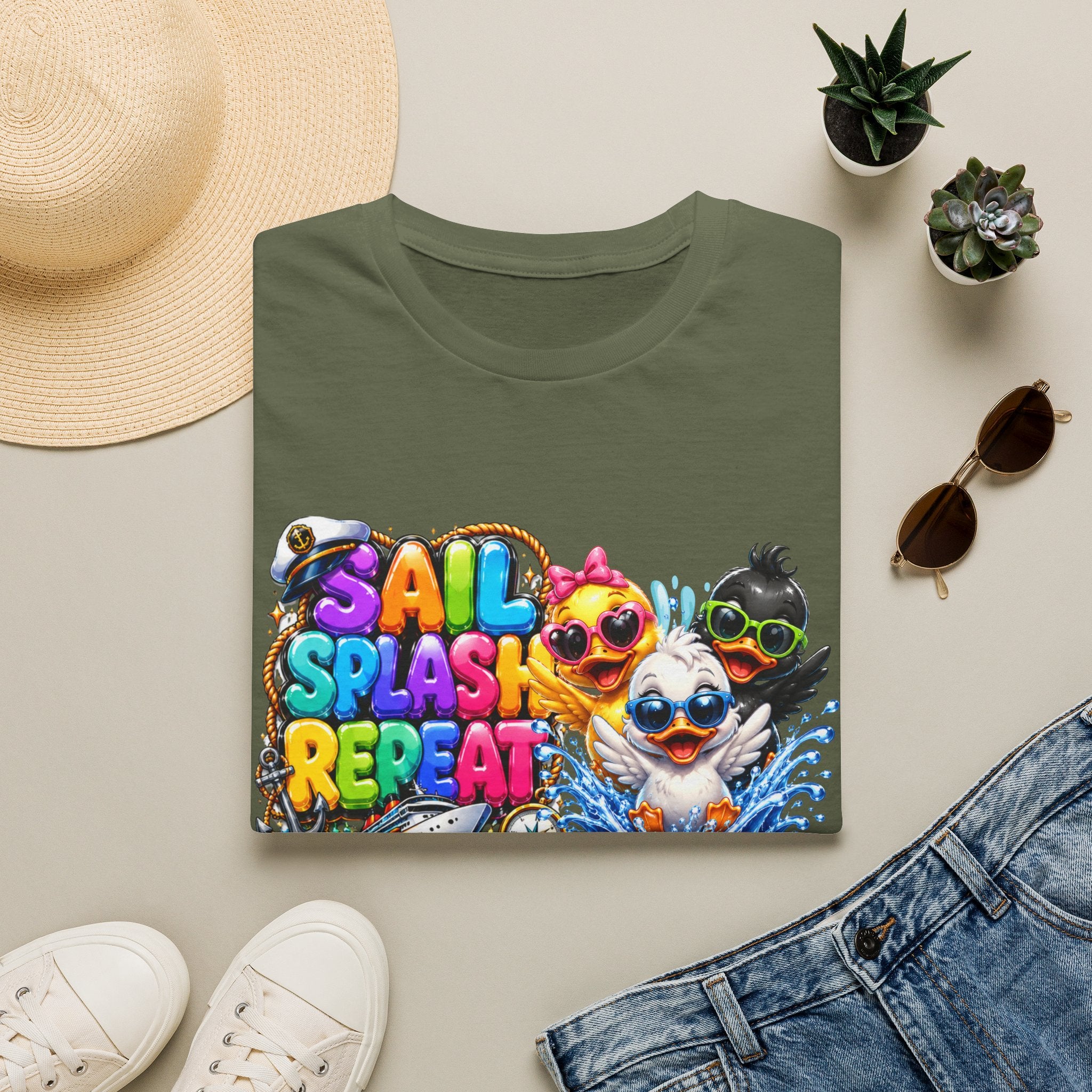 Sail Splash Repeat T-Shirt — Cute Cartoon Ducks Beach Graphic Tee
