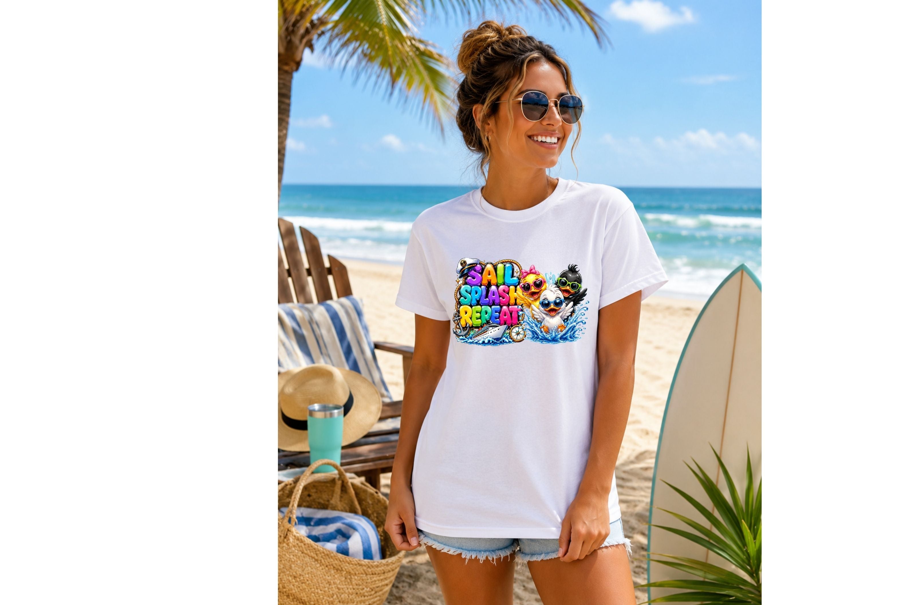 Sail Splash Repeat T-Shirt — Cute Cartoon Ducks Beach Graphic Tee