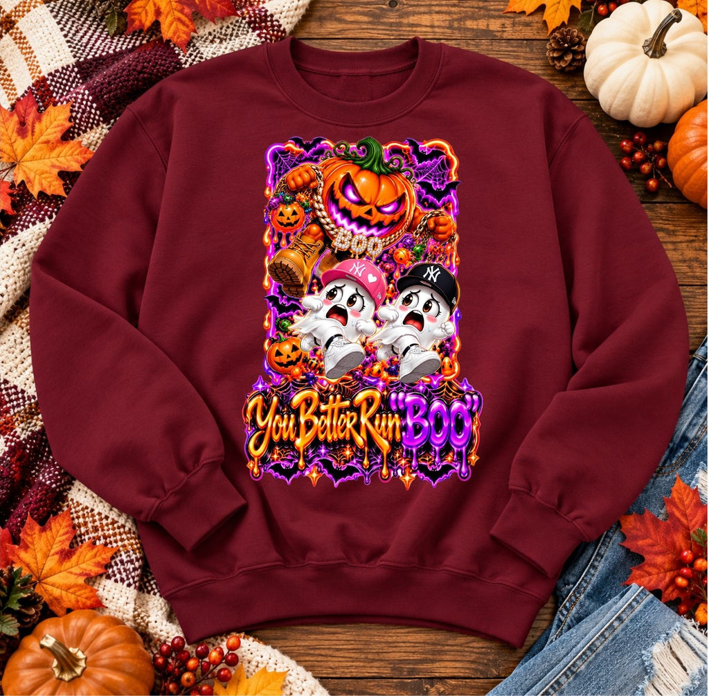Spooky Pumpkin Design "You Better Run Boo" -Unisex Crewneck Sweatshirt